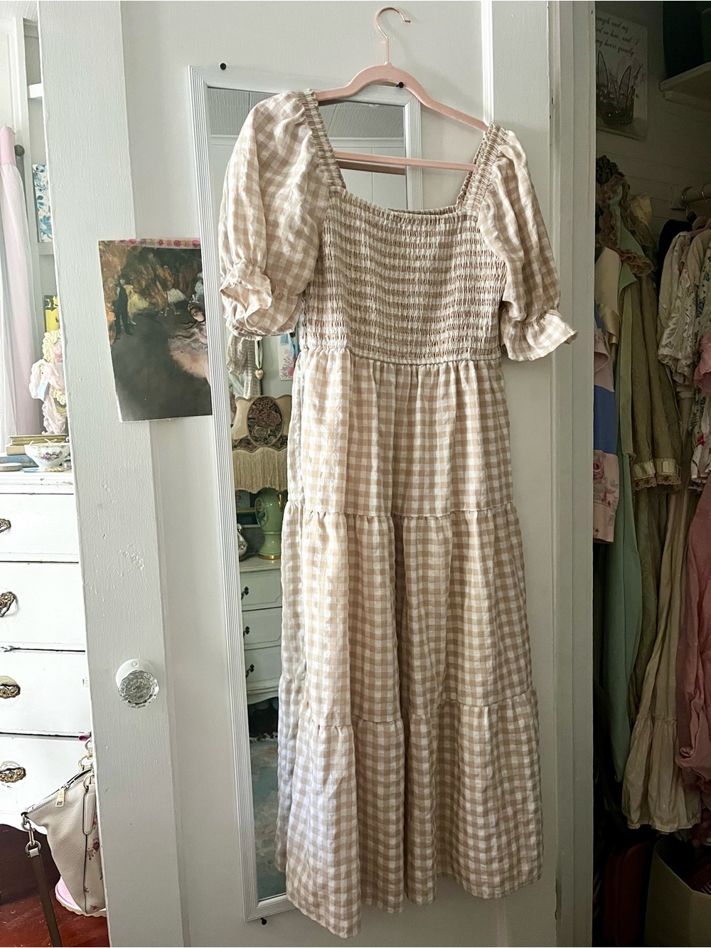 Beige Gingham Smocked Midi Dress